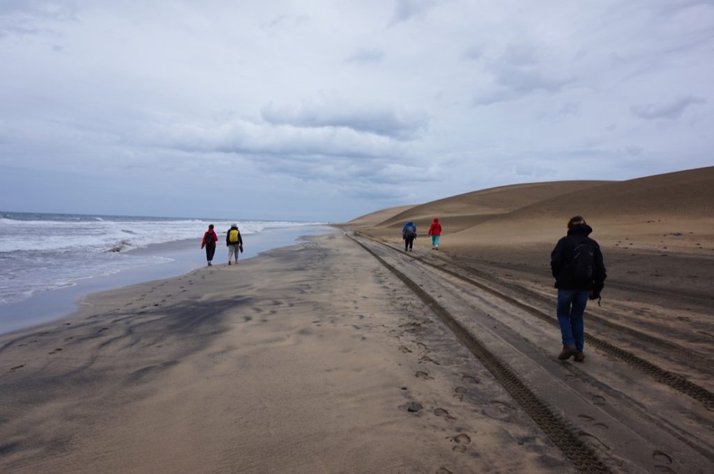 Dünen und Strand von Maspalomas mit Wanderern bei schlechtem Wetter.